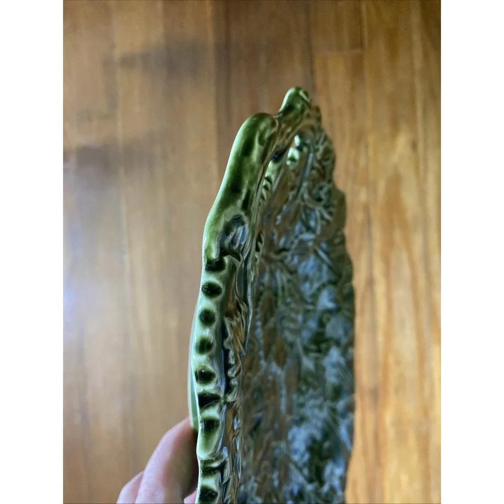 Vintage Olfaire Majolica Pottery Grape Leaf Ceramic Serving Platter Olive‎ Green